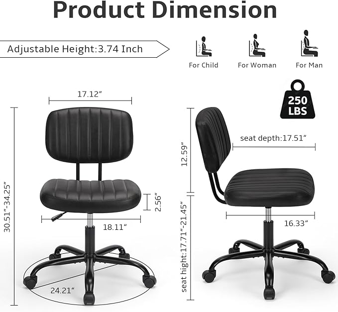 DUMOS Armless Home Office Chair Ergonomic Desk with Comfy Low Back Lumbar Support, Height Adjustable PU Leather Computer Task with 360° Swivel Wheels, for Small Space, Kids and Adults, Black - LeafyLoom