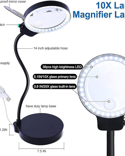 Magnifying Glass with Light and Stand, 10X 20X Magnifying Desk Lamp with Brightness Stepless Dimmable, Adjustable Gooseneck for Reading, Close Work, Hobbies - LeafyLoom