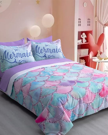 Wajade Kid Mermaid Scale Comforter Bedding Set Full Size, Colorful Rainbow 3D Fish Scale 7 Pieces Soft Bedding Sets with Comforter, Sheet, Pillowcase and Sham for Girls - LeafyLoom
