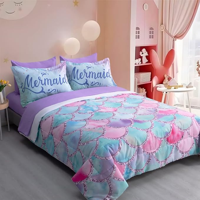 Wajade Kid Mermaid Scale Comforter Bedding Set Full Size, Colorful Rainbow 3D Fish Scale 7 Pieces Soft Bedding Sets with Comforter, Sheet, Pillowcase and Sham for Girls - LeafyLoom