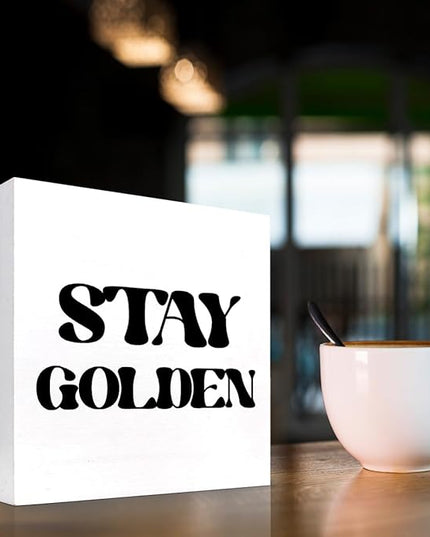 Stay Golden Wood Block Sign Desk Decor,Rustic Positive Wooden Box Plaque Sign Desk Decor for Home Girls Room Office Shelf Table Decor Decorations - LeafyLoom