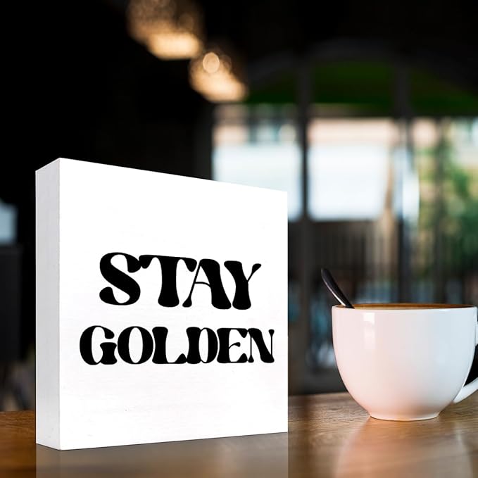 Stay Golden Wood Block Sign Desk Decor,Rustic Positive Wooden Box Plaque Sign Desk Decor for Home Girls Room Office Shelf Table Decor Decorations - LeafyLoom