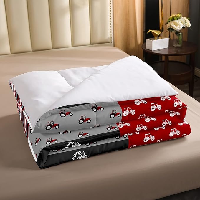 Erosebridal Red Tractor Bedding Set for Boys Full,Construction Tractor Comforter Set Kids Teens Equipment Trucks Down Comforter Black White Construction Vehicle Quilt Set Bedroom Decor - LeafyLoom