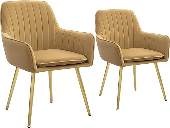 CangLong Furniture Modern Living Dining Room Accent Arm Chairs Club Guest Metal, Set of 2, Brown+Gold Legs - LeafyLoom