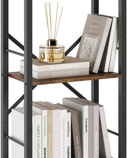 Tajsoon 5 Tier Ladder Bookshelf Industrial Ladder Shelf, Narrow Tall Skinny Bookshelf with Metal Frame, Multipurpose Standing Book Shelf for Bedroom, Living Room, Kitchen, Home Office, Rustic Brown - LeafyLoom