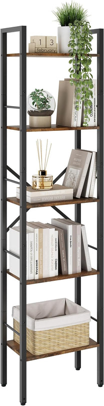 Tajsoon 5 Tier Ladder Bookshelf Industrial Ladder Shelf, Narrow Tall Skinny Bookshelf with Metal Frame, Multipurpose Standing Book Shelf for Bedroom, Living Room, Kitchen, Home Office, Rustic Brown - LeafyLoom