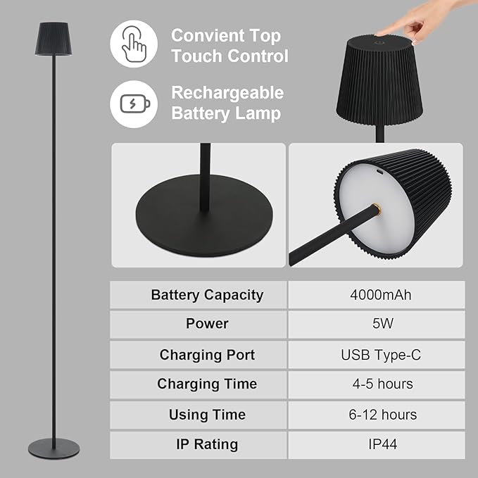 Neoglint Cordless Floor Lamp for Outdoor/Indoor, Touch Control Adjustable Height LED Lamp, Dimmable Rechargeable Battery Operated Lamp for Bedroom, Living Room, Patio (Round) - LeafyLoom