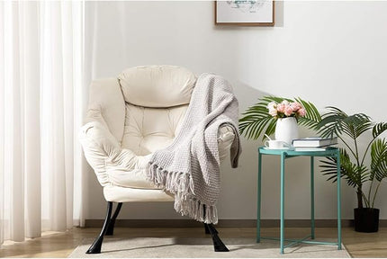 AbocoFur Modern Fabric Large Lazy Chair, Accent Oversized Comfy Reading Chair, Thick Padded Cozy Lounge Chair with Armrest, Steel Frame Leisure Sofa Chair for Living Room, Bedroom, Dorm, Beige - LeafyLoom