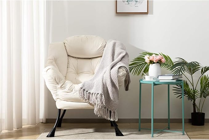 AbocoFur Modern Fabric Large Lazy Chair, Accent Oversized Comfy Reading Chair, Thick Padded Cozy Lounge Chair with Armrest, Steel Frame Leisure Sofa Chair for Living Room, Bedroom, Dorm, Beige - LeafyLoom