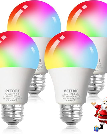 Peteme Smart WiFi Alexa Light Bulb, Led RGB Color Changing Bulbs, Compatible with Alexa, Siri, Echo, Google Home (No Hub Required), E26 A19 60W Multicolor (4 Pack)… Peteme