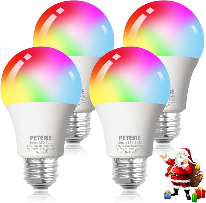 Peteme Smart WiFi Alexa Light Bulb, Led RGB Color Changing Bulbs, Compatible with Alexa, Siri, Echo, Google Home (No Hub Required), E26 A19 60W Multicolor (4 Pack)… Peteme