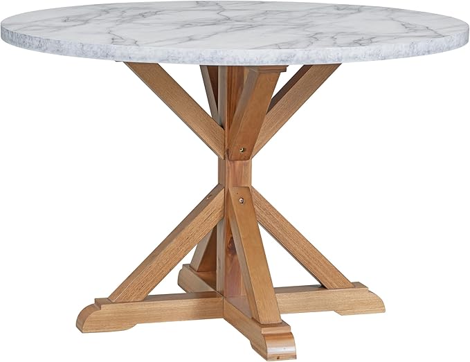 47.2" Round Marble Dining Table Set with Wood Pedestal Base and 4 Upholstered Chairs for Kitchen Living Room, Classic Farmhouse Style, White+Walnut, 47.2" L x 47.2" W x 30" H - LeafyLoom