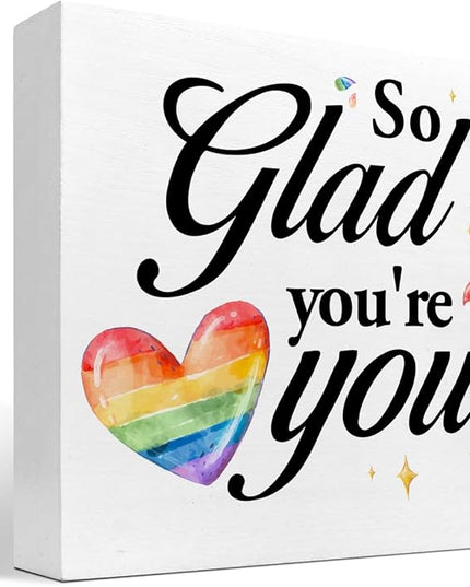So Glad You're You Rainbow Heart Wood Box Sign Decor Desk Sign,Inspirational Affirmation Wooden Box Block Sign for Home Office Shelf Table Decor Decorations - LeafyLoom