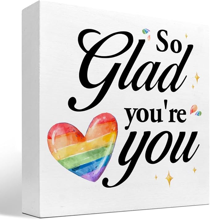 So Glad You're You Rainbow Heart Wood Box Sign Decor Desk Sign,Inspirational Affirmation Wooden Box Block Sign for Home Office Shelf Table Decor Decorations - LeafyLoom