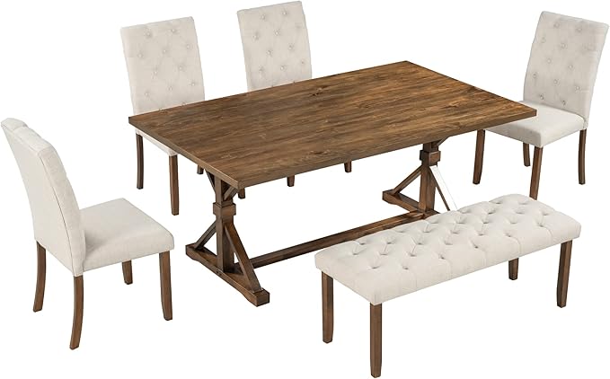 6-Piece Farmhouse Dining Table Set Wood Rectangular Tabletop, 4 Tufted Upholstered Chairs and Bench, for Dinette Room and Kitchen, Walnut, 72" L x 42" W x 30" H - LeafyLoom