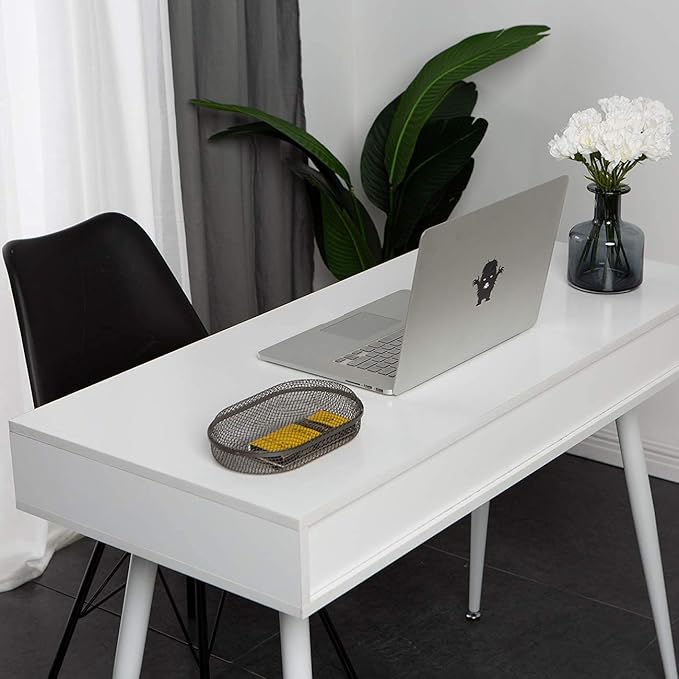 soges Mid Century Desk with Drawers, 3-Drawer Writing Study Desk, 43.3 inches Home Office Computer Desk for Small Space, Multifunctional Vanity Table Desk, White - LeafyLoom