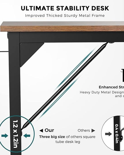 JHK Computer Small Desk Office 32 Inch Writing Work Kids Study Simple Wooden Table for Home Bedroom Modern Style with Headphone Hooks & Storage Bag, Rustic Brown - LeafyLoom