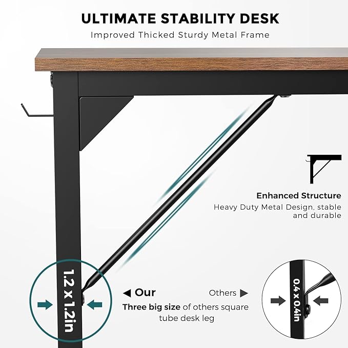 JHK Computer Desk Office 48 Inch Writing Work Kids Study Simple Wooden Table for Home Bedroom Modern Style with Headphone Hooks & Storage Bag, Rustic Brown - LeafyLoom