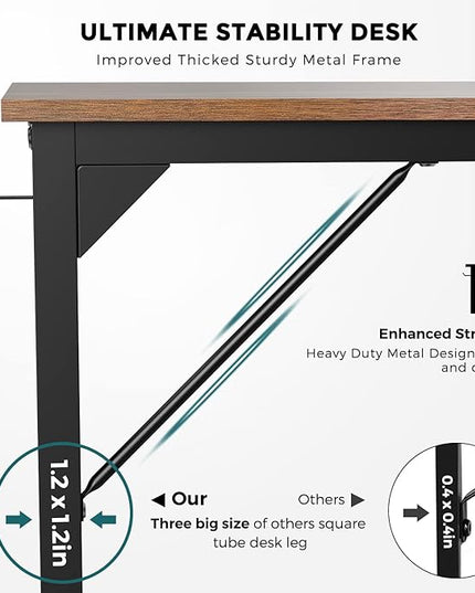 JHK Computer Desk Office 63 Inch Writing Work Kids Study Simple Wooden Table for Home Bedroom Modern Style with Headphone Hooks & Storage Bag, Rustic Brown - LeafyLoom