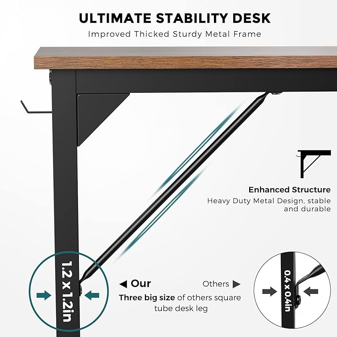 JHK Computer Desk Office 63 Inch Writing Work Kids Study Simple Wooden Table for Home Bedroom Modern Style with Headphone Hooks & Storage Bag, Rustic Brown - LeafyLoom