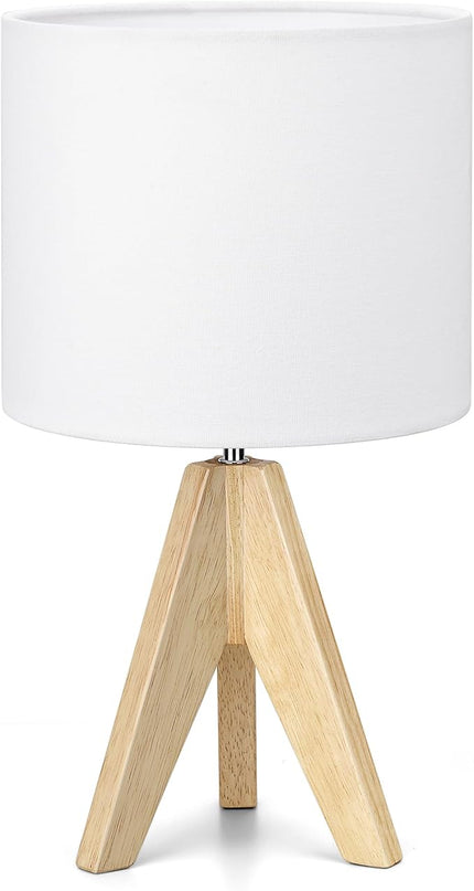 DEWENWILS Mid Century Bedside Lamp, Small Tripod Table Lamp with Linen Fabric Shade, Wood Nightstand Lamp for Nursery, Living Room, Bedroom, End Table, UL Listed, 14.2 Inch, ON/Off Switch - LeafyLoom