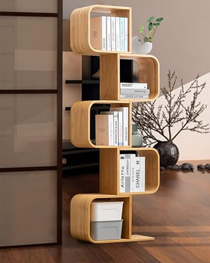 5-Tier S-Shaped Geometric Modern Bamboo Bookshelf, Large Capacity Creative Display Curved Rack Free-standing Bedside Table 2 in 1 Bookcase Storage CDs, DVDs Book Shelf for Home, Office, Living Room - LeafyLoom