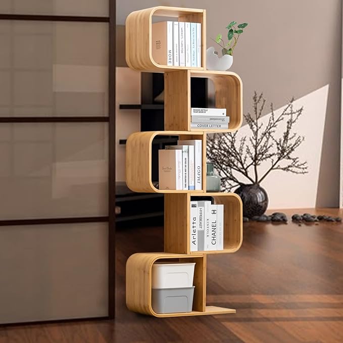 5-Tier S-Shaped Geometric Modern Bamboo Bookshelf, Large Capacity Creative Display Curved Rack Free-standing Bedside Table 2 in 1 Bookcase Storage CDs, DVDs Book Shelf for Home, Office, Living Room - LeafyLoom