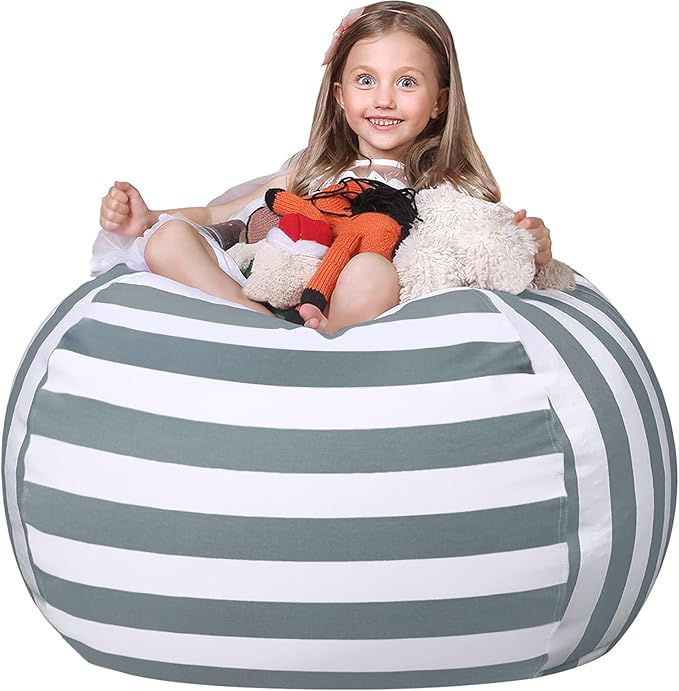 Wekapo Stuffed Animal Storage Bean Bag Chair Cover for Kids | Stuffable Zipper Beanbag for Organizing Children Plush Toys Large Premium Cotton Canvas (Gray, XX-Large) - LeafyLoom