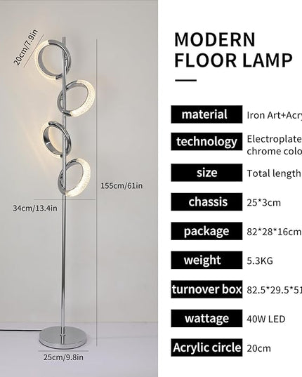 Ganeed LED Floor Lamp for Bedroom,4 Rings 40W Modern Dimmable Standing Lamp,61 in Tall Reading Light Corner Lamp with Remote Control for Living Room Office (3000-6500K/Chrome) - LeafyLoom