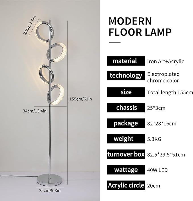 Ganeed LED Floor Lamp for Bedroom,4 Rings 40W Modern Dimmable Standing Lamp,61 in Tall Reading Light Corner Lamp with Remote Control for Living Room Office (3000-6500K/Chrome) - LeafyLoom