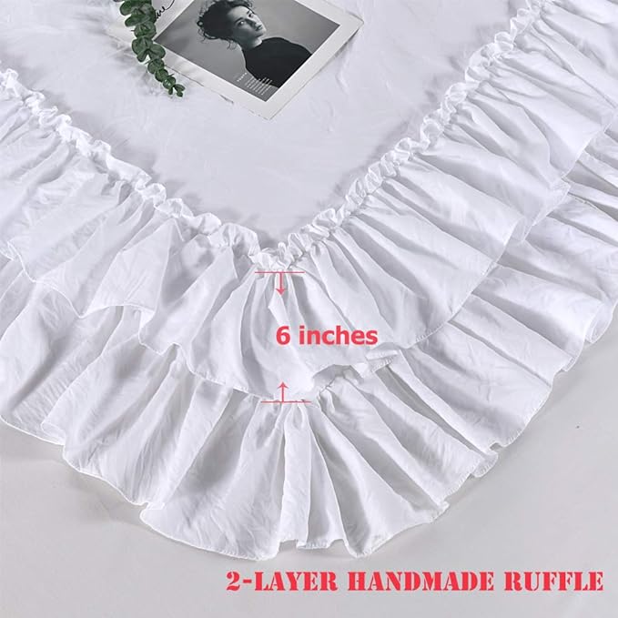 White Ruffled Comforter Set Queen,Lightweight Farmhouse Shabby Boho Chic White Bedding,Ultra Soft Fluffy Washed Microfiber Bed Comforter Set 3-Piece (1 White Comforter+2 Ruffle Pillow Shams) - LeafyLoom
