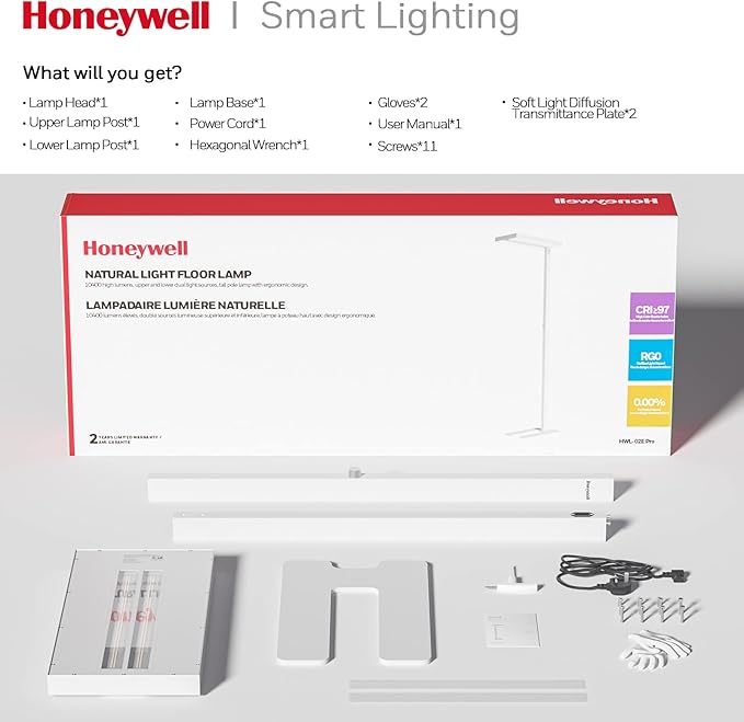 Honeywell LED Floor Lamp Modern - 02E Pro Sunturalux™ Eye Caring Standing Light, 10040LM Dimmable Reading Tall Lampara for Home Office Living Room Bedroom,100W,4000K Natural Daylight - LeafyLoom