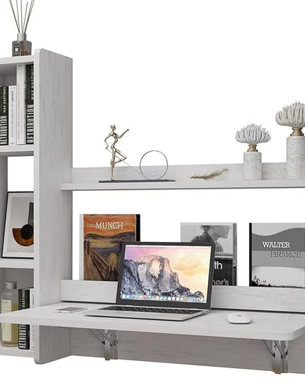 Pmnianhua Floating Desk,41'' Wall Mounted Desk Fold Down Laptop Desk Folding Space Saving Table Workstation with Storage Shelves for Bedroom Study Room Small Space (Off White-Left) - LeafyLoom