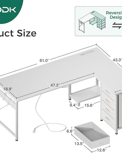 AODK L Shaped Desk with 4 Tier Drawers, 61" Reversible Gaming Desk with Power Outlets, L Shaped Computer Desk with USB Charging Port and Host Stand, Home Office Corner Desk, Easy to Assemble, White - LeafyLoom