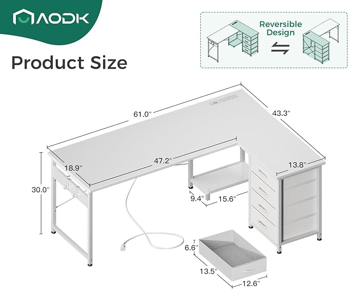 AODK L Shaped Desk with 4 Tier Drawers, 61" Reversible Gaming Desk with Power Outlets, L Shaped Computer Desk with USB Charging Port and Host Stand, Home Office Corner Desk, Easy to Assemble, White - LeafyLoom