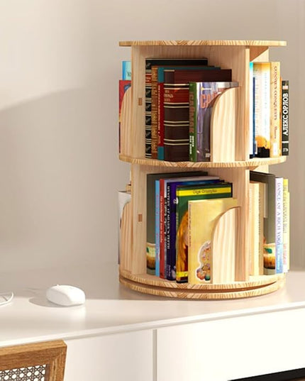 Rotating Bookshelf, 360 Display 2 Tier Floor Standing Bookcase Storage Rack for Kids&Adult, Wood Narrow Book Shelf Organizer for Bedroom, Living Room, Study Room - LeafyLoom