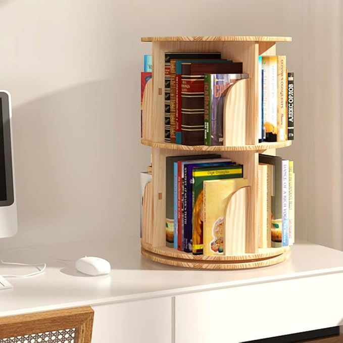 Rotating Bookshelf, 360 Display 2 Tier Floor Standing Bookcase Storage Rack for Kids&Adult, Wood Narrow Book Shelf Organizer for Bedroom, Living Room, Study Room - LeafyLoom