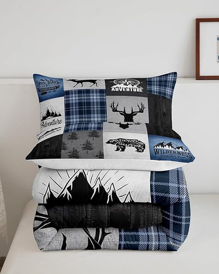 Deer Antler Bear Kids Comforter Set Queen Size,Hunting Adventure Bedding Set for Boys Girls Adults Room Decor,Geometric Plaids Patchwork Down Comforter,Rustic Farmhouse Duvet Insert,2 Pillowcases - LeafyLoom