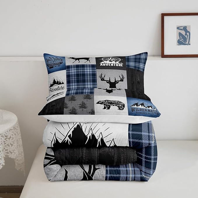 Deer Antler Bear Kids Comforter Set Queen Size,Hunting Adventure Bedding Set for Boys Girls Adults Room Decor,Geometric Plaids Patchwork Down Comforter,Rustic Farmhouse Duvet Insert,2 Pillowcases - LeafyLoom