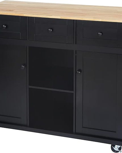 Kitchen Island with Drop-Leaf Countertop, Kitchen-Cart on 5 Universal Wheels with Open Shelves, Storage Cabinet and 3 Drawers, Large Rubberwood Top Breakfast Bar, for Dining Room - LeafyLoom