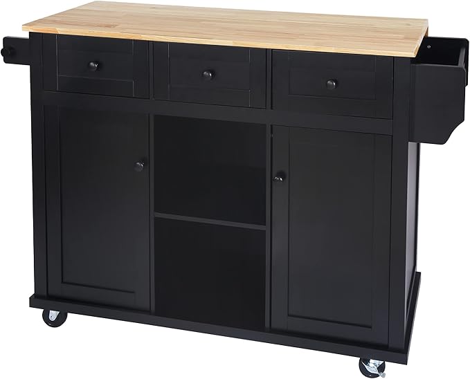 Kitchen Island with Drop-Leaf Countertop, Kitchen-Cart on 5 Universal Wheels with Open Shelves, Storage Cabinet and 3 Drawers, Large Rubberwood Top Breakfast Bar, for Dining Room - LeafyLoom