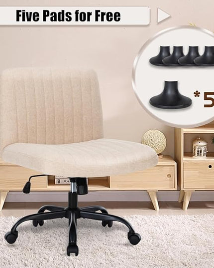 Armless Office Chair with Wheels Wide Desk Chair Leather Mid Back Accent Chair Padded Swivel Vanity Chair for Girl Women Computer Task Chair for Home Office (Linen, Beige) - LeafyLoom