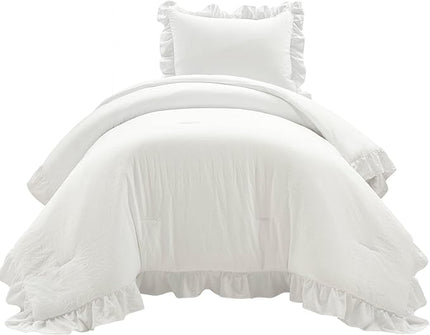 Lush Decor Reyna Ruffle Comforter Set - 2 Piece Cozy Ruffled Bedding Set - Timeless Elegance and Comfort for Dorm Room - Twin XL, Pure White - LeafyLoom