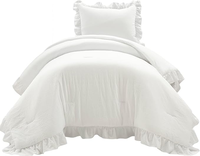 Lush Decor Reyna Ruffle Comforter Set - 2 Piece Cozy Ruffled Bedding Set - Timeless Elegance and Comfort for Dorm Room - Twin XL, Pure White - LeafyLoom