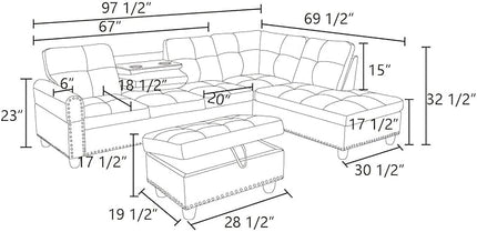 ROOMTEC L Shaped Sectional Sofa with Storage Ottoman, Left Facing Chaise Longue, Reversible Backrest w/ 2 Cup Holders, Semi PU Synthetic Leather Tufted Cushions, for Living Room, Ginger - LeafyLoom