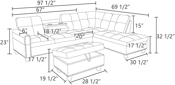 ROOMTEC L Shaped Sectional Sofa with Storage Ottoman, Left Facing Chaise Longue, Reversible Backrest w/ 2 Cup Holders, Semi PU Synthetic Leather Tufted Cushions, for Living Room, Ginger - LeafyLoom