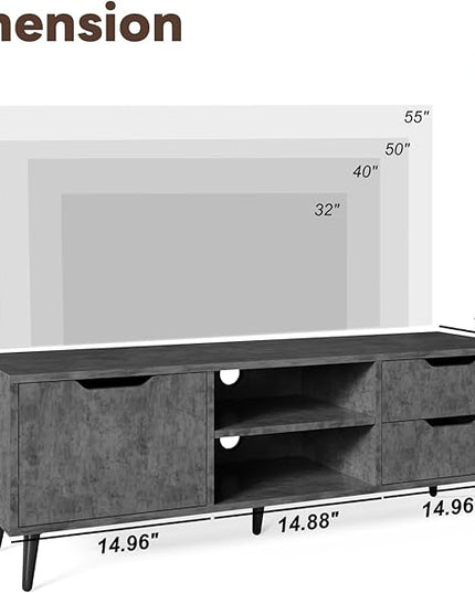 Maxtown TV Stands for Living Room, TV Console Table for 55 Inch TV, Entertainment Center with 1 Cabinet, 2 drawers, Media Console with Metal Feet for Bedroom, Living Room, Dark Grey - LeafyLoom