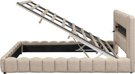 Queen Size Upholstered Platform Bed with Large Underneath Storage and LED Headboard, Platform Bed Frame with USB Charger for Bedroom Guest Room,No Box Spring Needed - LeafyLoom
