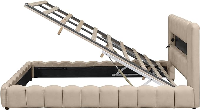 Queen Size Upholstered Platform Bed with Large Underneath Storage and LED Headboard, Platform Bed Frame with USB Charger for Bedroom Guest Room,No Box Spring Needed - LeafyLoom