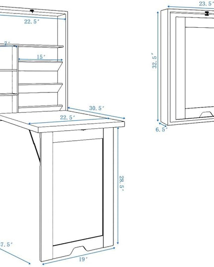 LUARANE Wall Mounted Table, Foldable Multiple-purpose Desk, Fold Out Wood Convertible Writing Desk Bookshelf Cabinet, Large Storage Space, Ideal for Home Office Study (White) - LeafyLoom